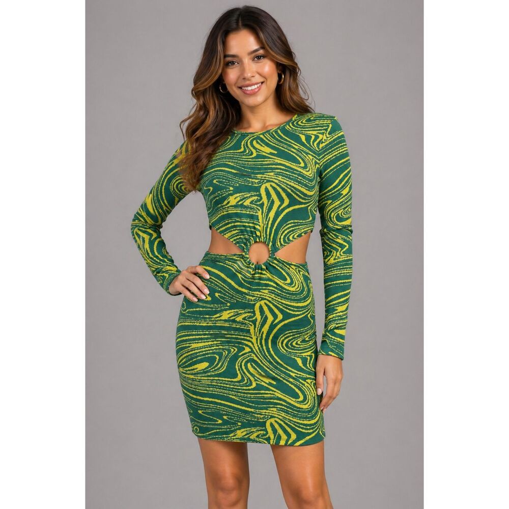 ZARA Cut-Out Jacquard Mini Dress Stretchy Green / Yellow Swirls Psychedelic Sz S